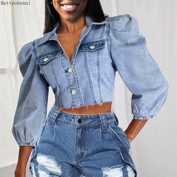

2021 new autumn winter women 3/4 crop denim jackets vintage casual oversized short jean jacket sleeve streetwear fead, Black;brown