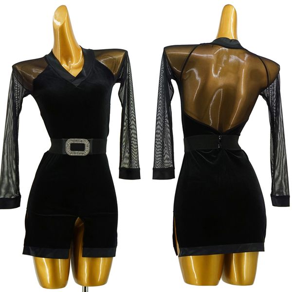 

mesh back latin dance dress women enening prom party outfit girls practice competition dance costume new black dresses 1582, Black;red