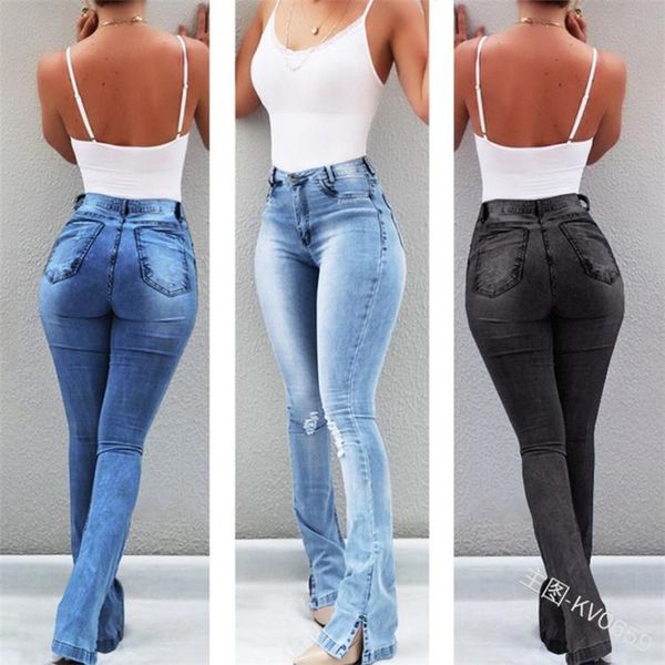 

women's jeans full length flare denim pants trousers bleached ripped casual fashion pockets, Blue