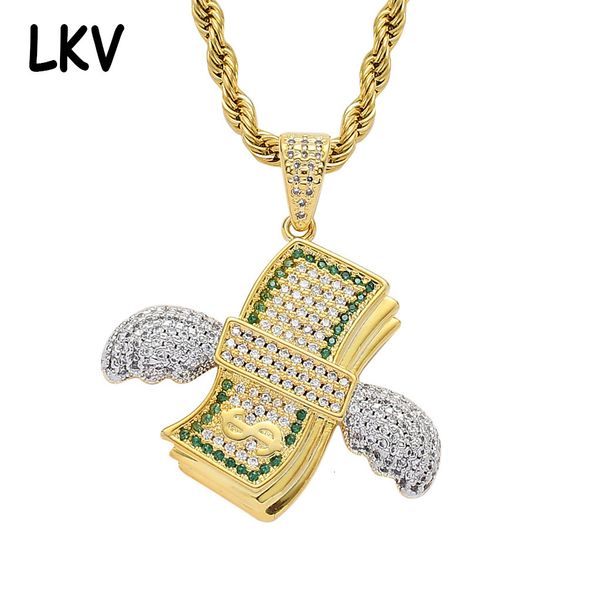 

dollar bill necklace pendant with wings, hip hop style, zircon inlaid, Silver