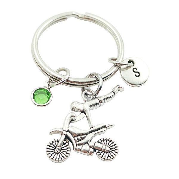

keychains motorcycle player initial letter birthstone keyrings creative fashion jewelry women gifts accessories pendant, Silver