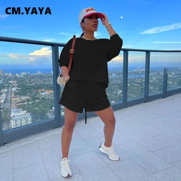 

women's tracksuits cm.yaya women set solid full sleeve o-neck loose drawstring waist shorts two 2 piece active tracksuit fall outfit, Gray