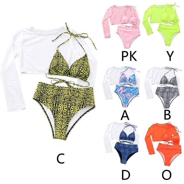 

one-piece suits women 3 pcs bikini swimsuit set halter bra high waist thong with mesh long sleeve crop solid color bathing suit