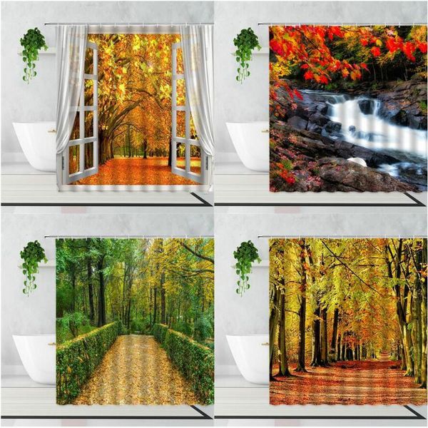 

shower curtains autumn forest window scenery deciduous corridor stream natural landscape bathroom decoration curtain with hooks