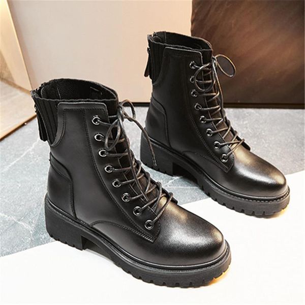 

boots british style fall winter leather women ankle thick bottom casual round toe lace-up booties heel 4.5cm zip shoes size35-40, Black