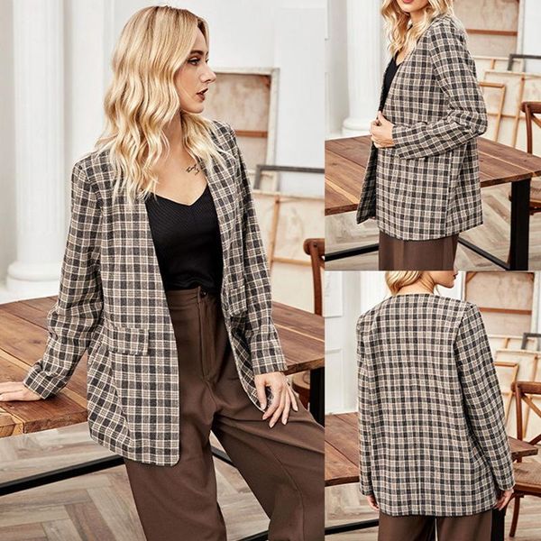 

women's suits & blazers women blazer coat 2021 spring autumn plaid v-neck cardigan medium length casual high street elegant office lady, White;black