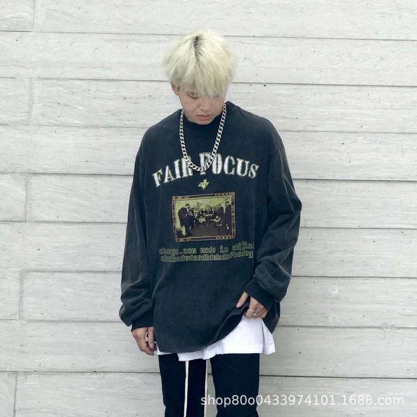 

fashion brand high street dark punk style rock hip hop harajuku men's wash old loose long sleeve t-shirt, White;black