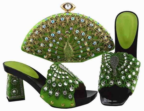 

sandals nice looking grass green women pumps and bag set with big crystal decoration african shoes match purse for dress qsl004,hee 9cm, Black