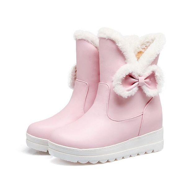 

boots sweet womens cute winter warm bowknot pull on pu leather ankle hidden heels shoes, Black