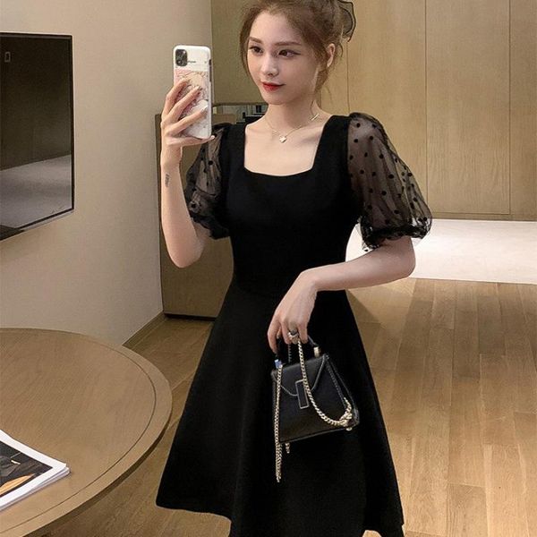 

casual dresses 2021 summer waist slimming mesh splicing chiffon dress for women, Black;gray