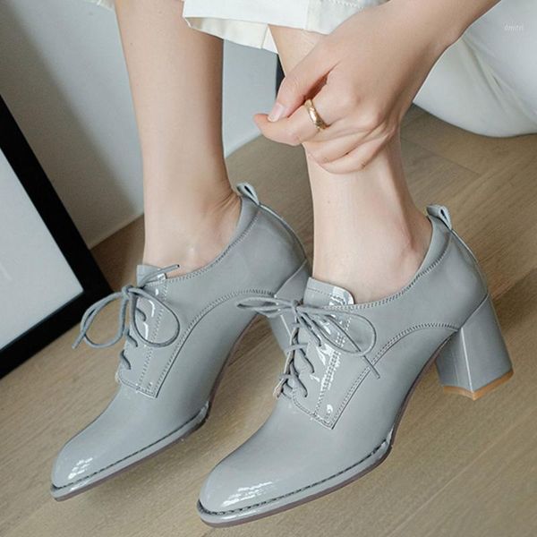 

dress shoes lapolaka brand geniune leather shoelaces classic vintage office lady block high heels pumps woman, Black