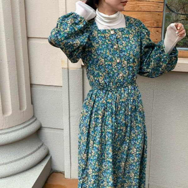 

casual dresses 2021 winter vintage long for women floral print square collar full sleeve loose bandage dress robe femme chic, Black;gray