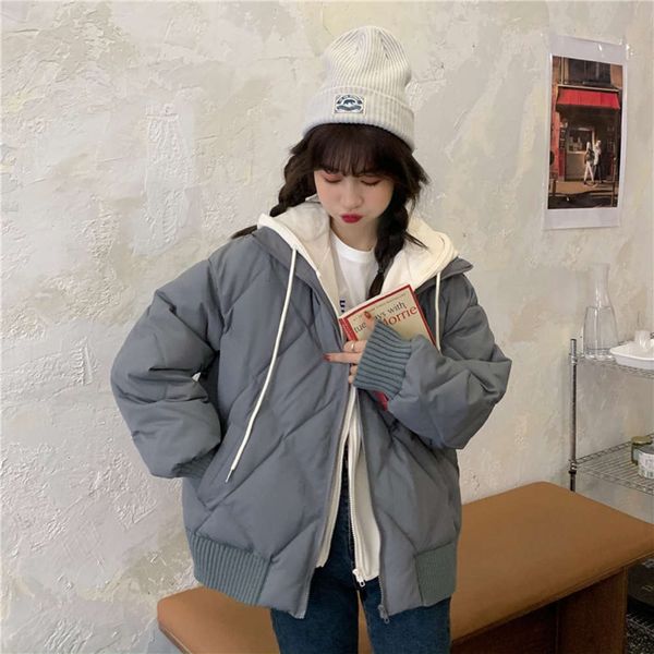 

light luxurysimple style solid thickened warm fake two piece new splicing cotton padded clothes parka coats for women fur collar goose down, Black