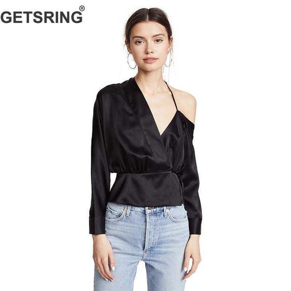 

getsring ladies blouses single shoulder women asymmetrical long sleeve lace up slim black shirts all match 210601, White
