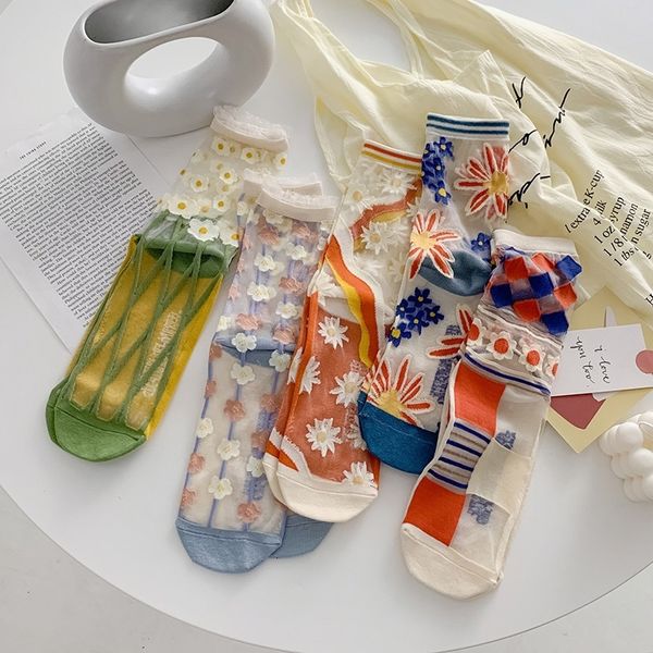 

summer flower cass glass stockings mh thin women' middle tube socks, Red;black
