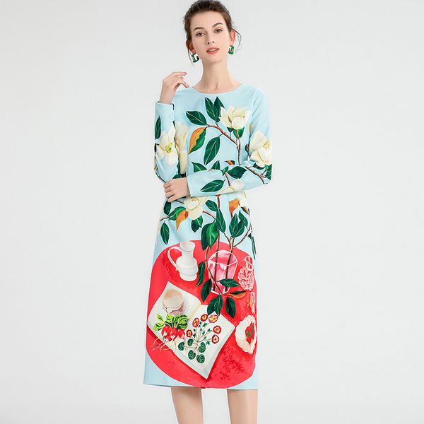 

women's runway dress o neck long sleeves floral printed fashion casual pencil dresses vestidos, Black