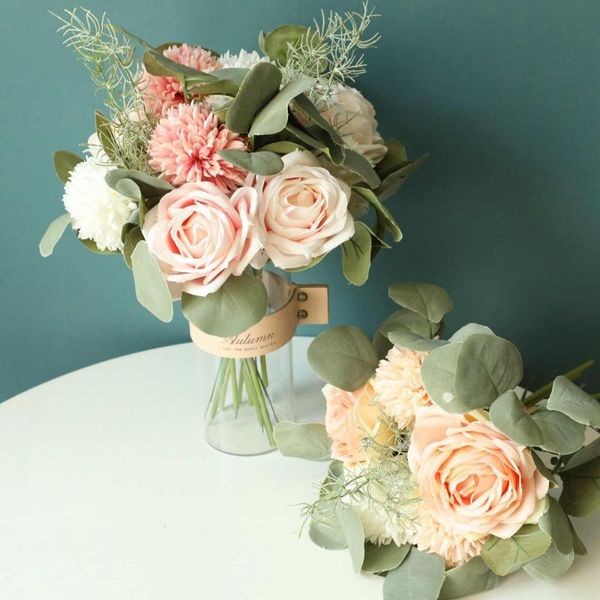 

decorative flowers & wreaths 1bunch fabric roses artificial flower ornaments green plants ornament party wedding bouquet