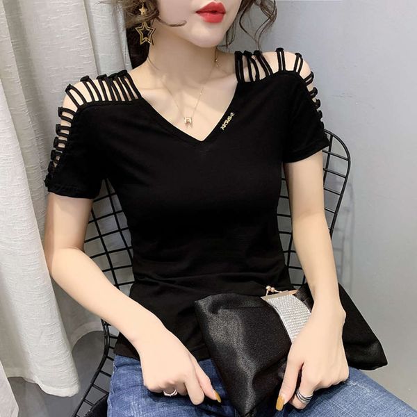 

1262020 summer new cut out solid off shoulder blouse short sleeve t-shirt, White
