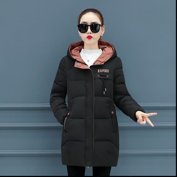 

2021 winter parka for women cotton down jacket with hooded stand up collar female new fashion warm padded winter coat for womens, Black