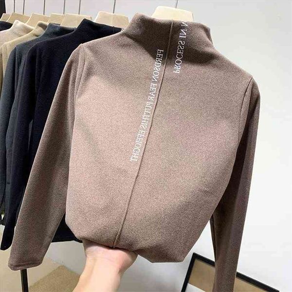 

women's pullover plush korean style stretch casual fashion slim high-neck warm female solid color t shirt autumn winter 210922, White;black
