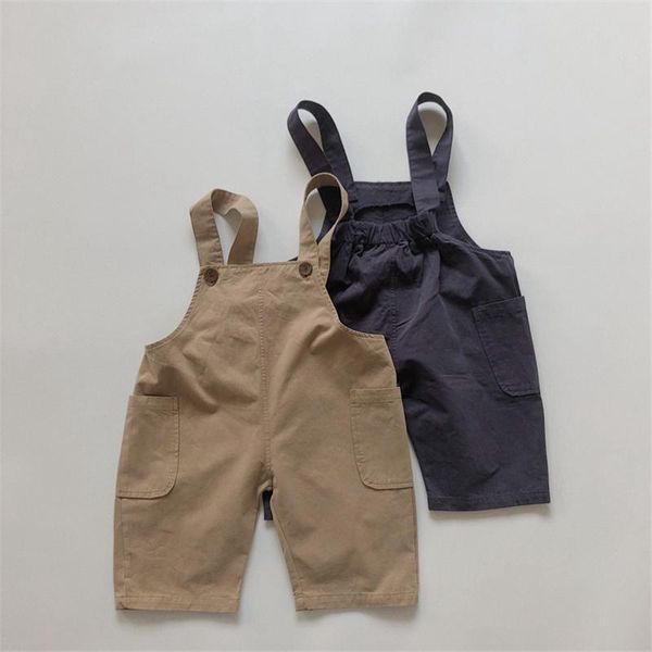 

jumpsuits spring summer kids overalls boys girls solir color loose pockets children cotton casual capri pants, Blue