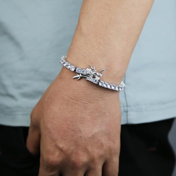 

link, chain hip hop iced out bling 5a cubic zirconia tennis chinese dragon charm bracelet adjustable size for women men wrist jewelry, Black
