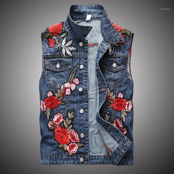 

men's vests flower embroidery denim vest men 2021 slim fit sleeveless jackets for male patch design patchwork tank wy288, Black;white