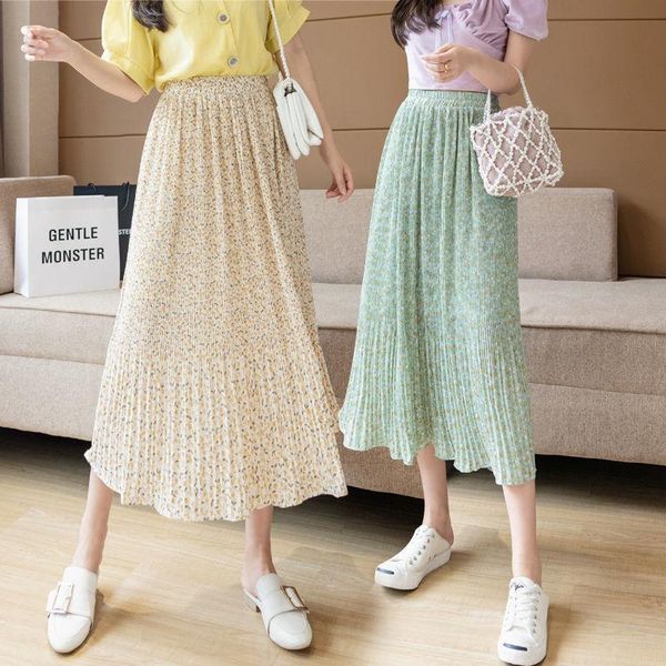 

skirts skirt 2021 summer high waist versatile a-line slim fairy floral chiffon pleated long, Black