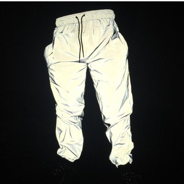 

men's pants net lining lace up reflective men hip hop streetwear gray loose casual jogger long short, Black