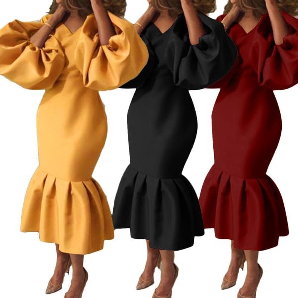 

ethnic clothing african dresses for women 2021 spring v-neck long sleeve solid color dress clothes, Red