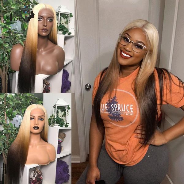 

lace wigs ombre straight colored 613 blonde glueless remy brazilian hd trasnparent human hair wig180 density pre plucked, Black;brown