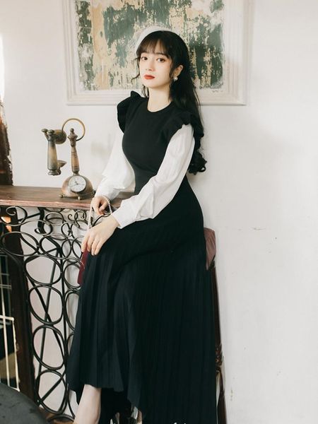 

casual dresses winter knitting tall waist pleated stitching shirt sleeve off two, Black;gray