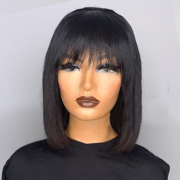 

lace wigs short bob remy wig brazilian front human hair with bangs fringe closure, Black;brown