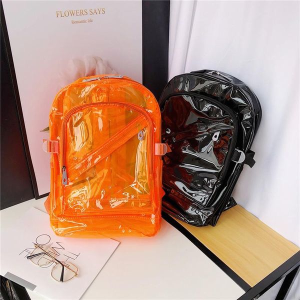 

backpack style ladies fashion pvc cool transparent fluorescent solid color school bag large capacity travel shopping handbag