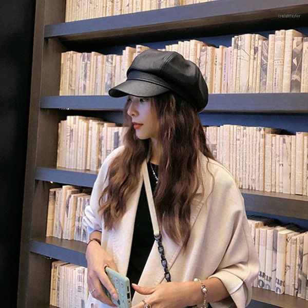 

berets pu leather simple women beret for elegant lady winter female hats vintage octagonal casual boina 2021 autumn girl cap peaked, Blue;gray