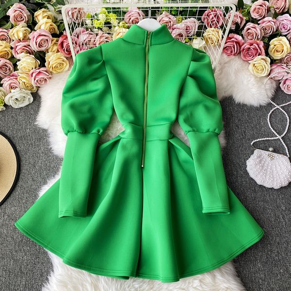 

vintage winter autumn korean cotton ladies high waist puff long sleeve line of red party mini dress ocld, White