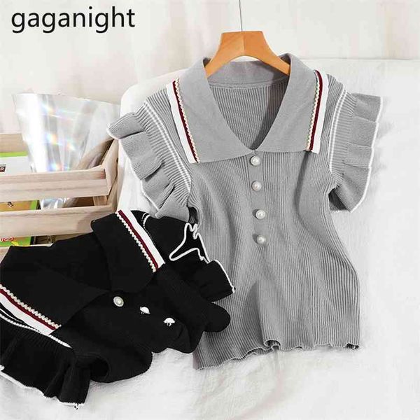 

korean female knitted cropped sweaters women short ruffle sleeve crop summer thin knitwear ropa mujer 210601, White