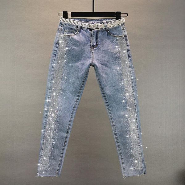 

women's jeans fashion large size denim scald drill pants 2021 spring and summer high waist slim, Blue