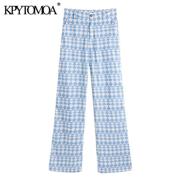 

women's pants & capris kpytomoa women 2021 chic fashion side pockets geometric print vintage high waist zipper female trousers mujer, Black;white