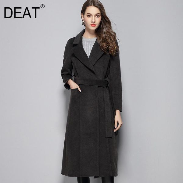 

women's wool & blends [] 2022 jackets waist bag lacing sashes lapel collar woolen coat casaul thick long autumn am492, Black