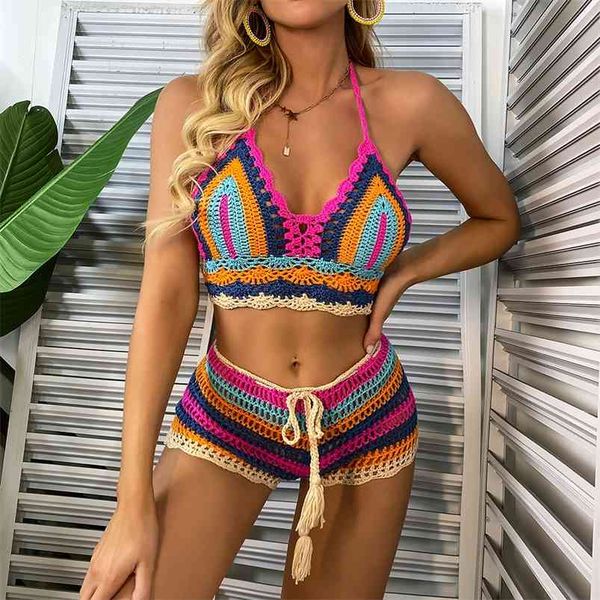 Tığ Bikini Setleri Çok Renkli Örme Gökkuşağı Çizgili Kapalı Omuz Üst + Alt Beachwear Mayo Kadın Mayo 210629