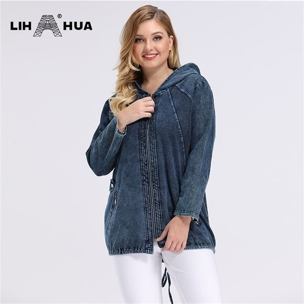 

lih hua women's plus size spring casual denim jacket woman high flexibility jacket hoodie jacket shoulder pads for clothing 211112, Black;brown