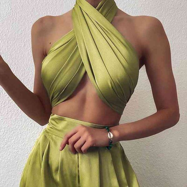 

wrap boob sleeveless backless women tanks bandage cropped mini vest chic satin criss-cross halter bustier cami elegant lady, White