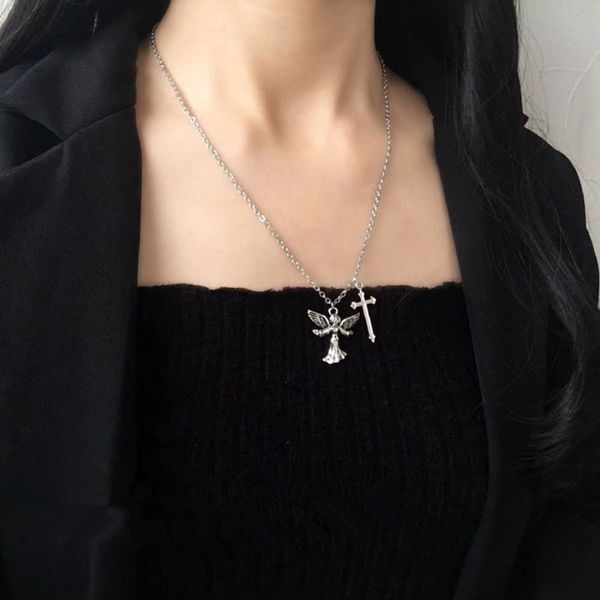 

hbp fashion the same tiktok, goddess, cross, necklace, wind ins, wing, angel sweater chain, Silver
