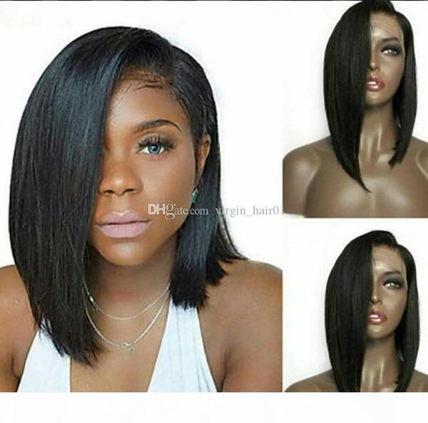 

silk straight brazilian human hair bob full lace wig side part bob wig for black women straight human virgin hair front lace wig, Black;brown