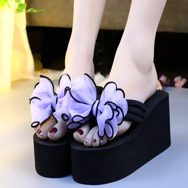 

slippers summer bow high-heeled sandals and ladies non-slip slope with flip-flops sponge cake beach holiday, Black