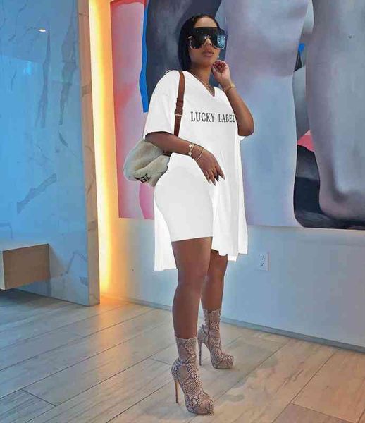 

lucky label summer casual fashion women slim street solid color printed letter short sleeve two-piece set, Gray