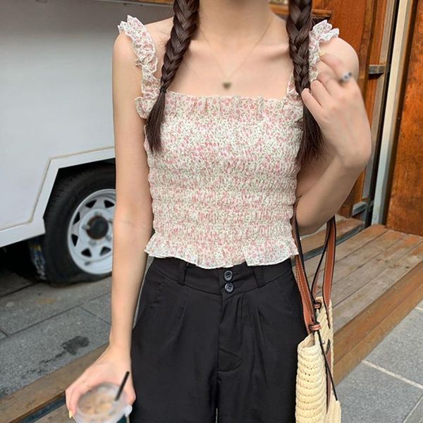 

women's tanks & camis summer pleated floral tank women fashion printed chiffon casual all-match female vest, White