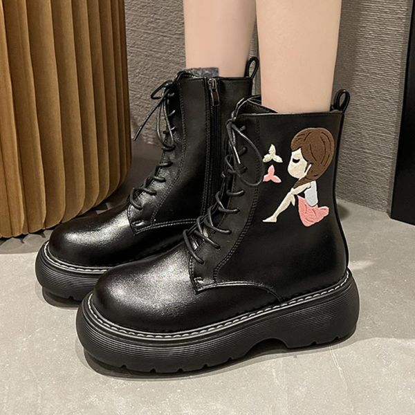 

boots ins 2021 printed women platform shoes fashion british style lace up motorcycle, Black
