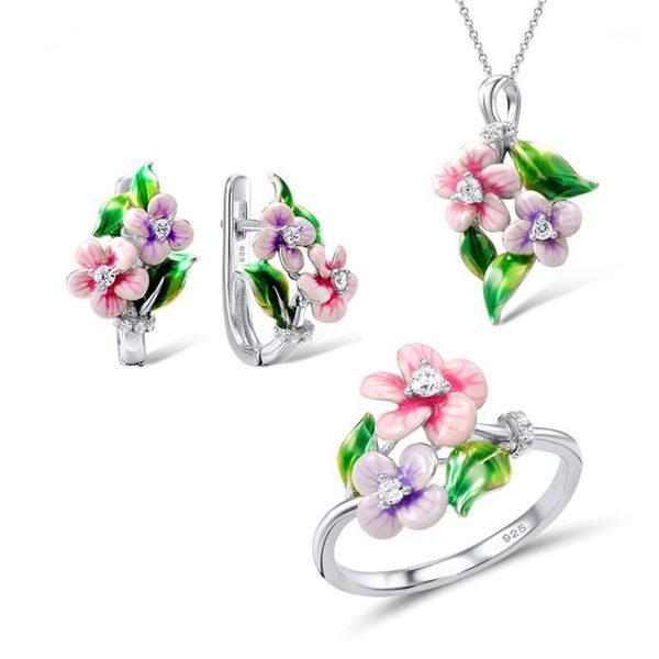 

luxury female crystal enamel jewelry set charm silver color wedding clip earrings for women cute flower chain necklace ring &